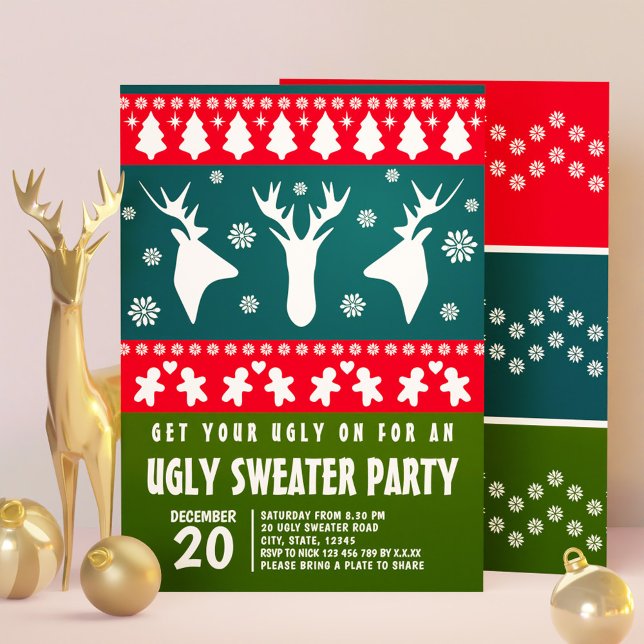 Invitación Fiesta de suéter feo de reno azul rojo y verde (Blue Red and Green Reindeer Ugly Sweater Party Invitation)