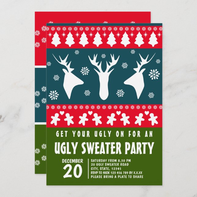 Invitación Fiesta de suéter feo de reno azul rojo y verde (Anverso / Reverso)