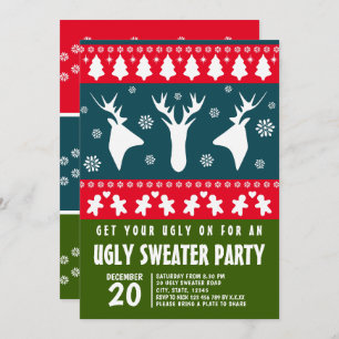 Invitación Fiesta de suéter feo de reno azul rojo y verde