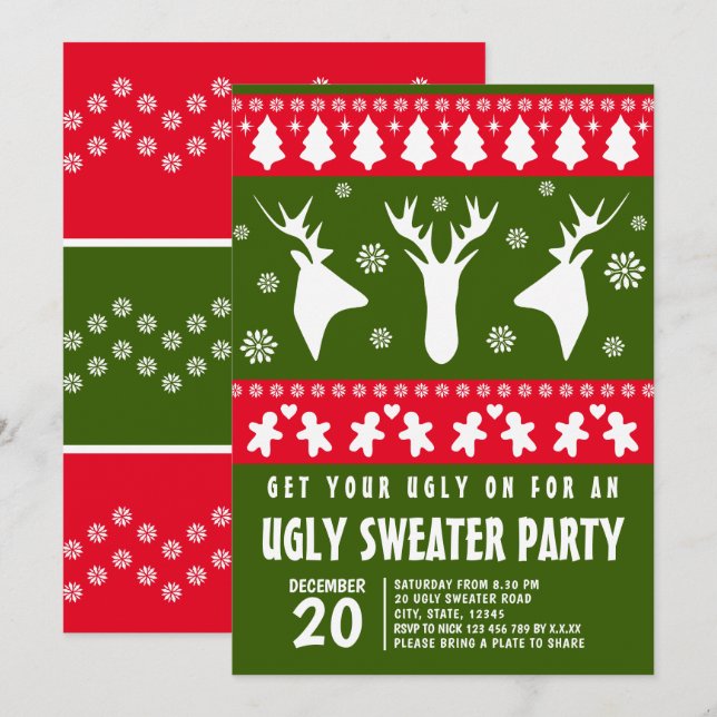 Invitación Fiesta de suéter feo de reno rojo y verde moderno (Anverso / Reverso)