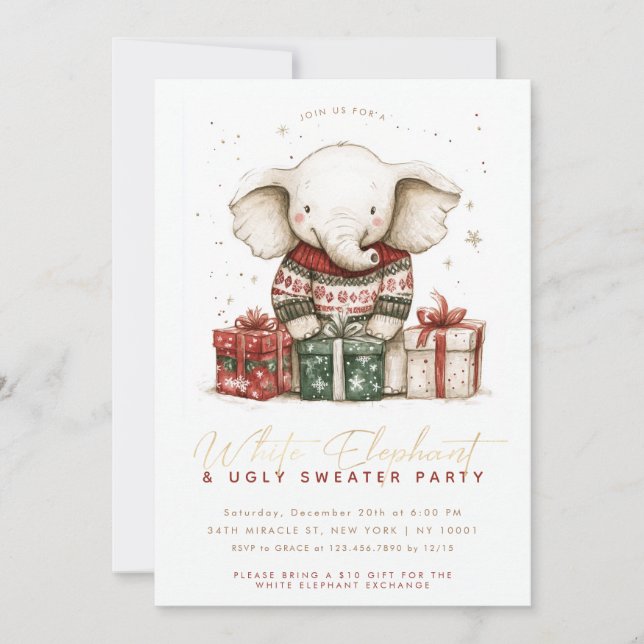 Invitación Fiesta de Suéter Feo Elefante Blanco (Anverso)