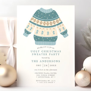 Invitación Fiesta de suéteres navideños feos y pegajosos azul