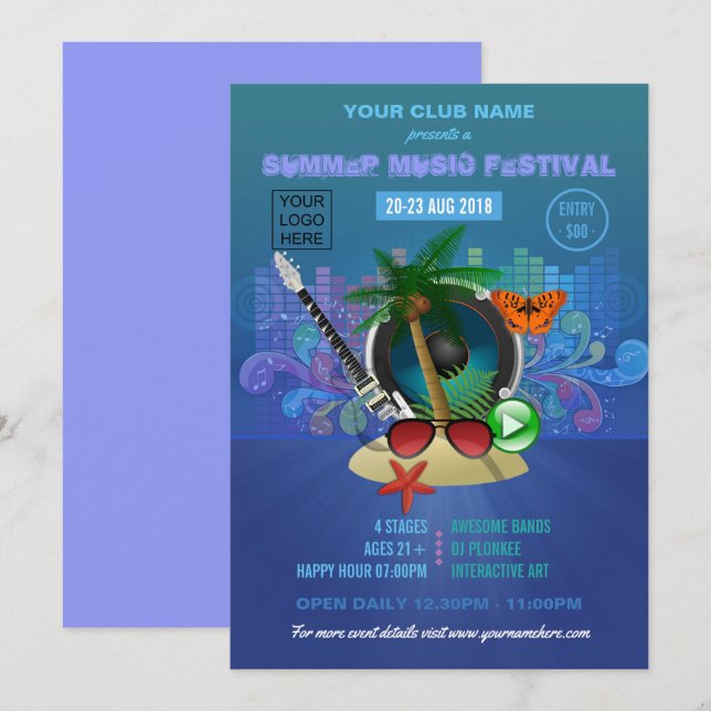 Invitación Fiesta de Summer Club Beach añada logotipo (Anverso / Reverso)