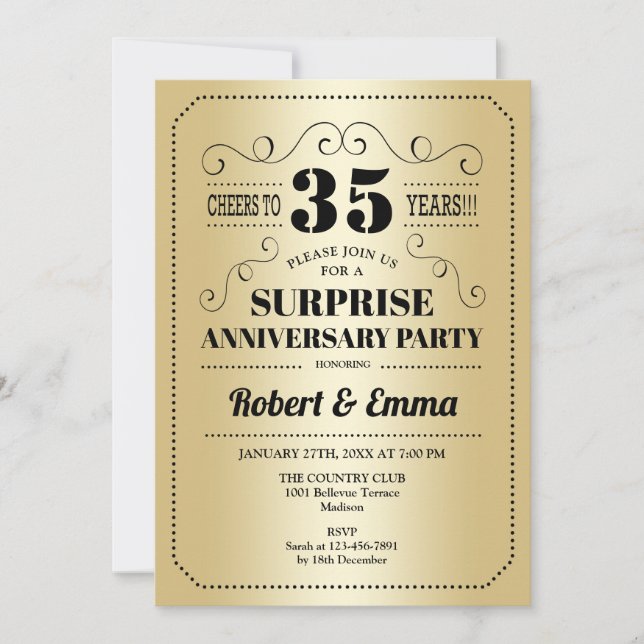 Invitación Fiesta de Surprise 35th Aniversario - Negro de Oro (Anverso)