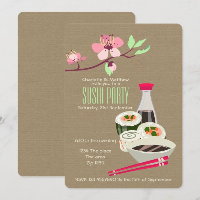Invitación Fiesta de sushi fácil de personalizar el tema japo (Anverso / Reverso)