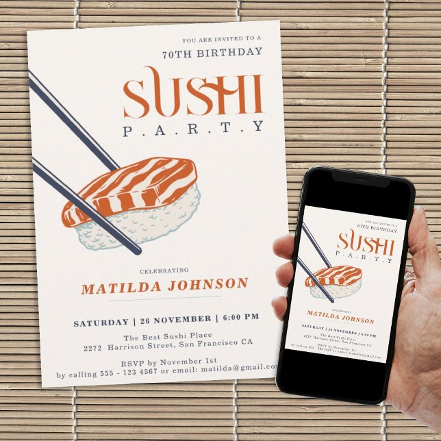 Invitación Fiesta de sushi retro para adultos 70º cumpleaños (Retro 70th Birthday Adult Sushi Party Simple Invitation)