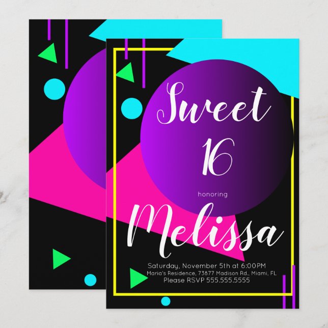 Invitación Fiesta de Sweet 16 80s Brillo Orgánico en la Oscur (Anverso / Reverso)