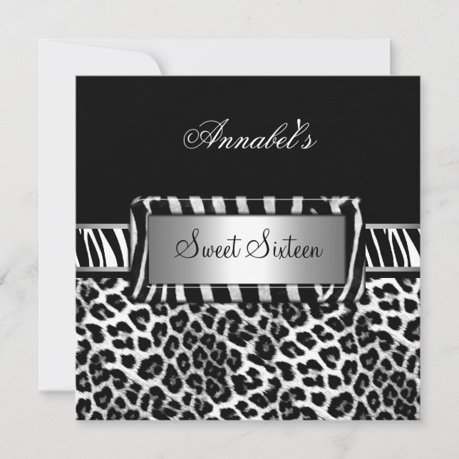 Invitación Fiesta de Sweet 16 Cebra Negro Blanco Leopardo (Anverso)