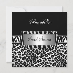 Invitación Fiesta de Sweet 16 Cebra Negro Blanco Leopardo