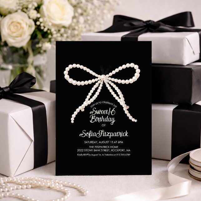 Invitación Fiesta de Sweet 16 con lazo de perla negra y blanc (Subido por el creador)