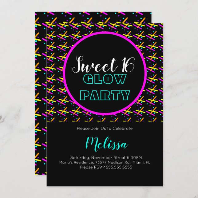 Invitación Fiesta de Sweet 16 con Luz de Neón en la Oscuridad (Anverso / Reverso)