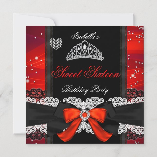 Invitación Fiesta de Sweet 16 Cumpleaños Dieciséis Lazo Rojo  (Anverso)
