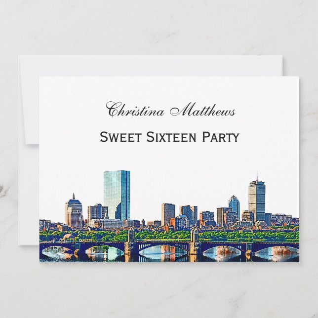 Invitación Fiesta de Sweet 16 de la silueta de Boston #2Col (Reverso)