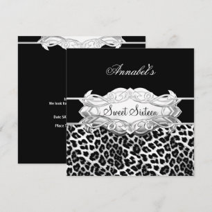 Invitación Fiesta de Sweet 16 elegante leopardo negro blanco