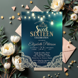 Invitación Fiesta de Sweet 16, encaje elegante, luces, tiara