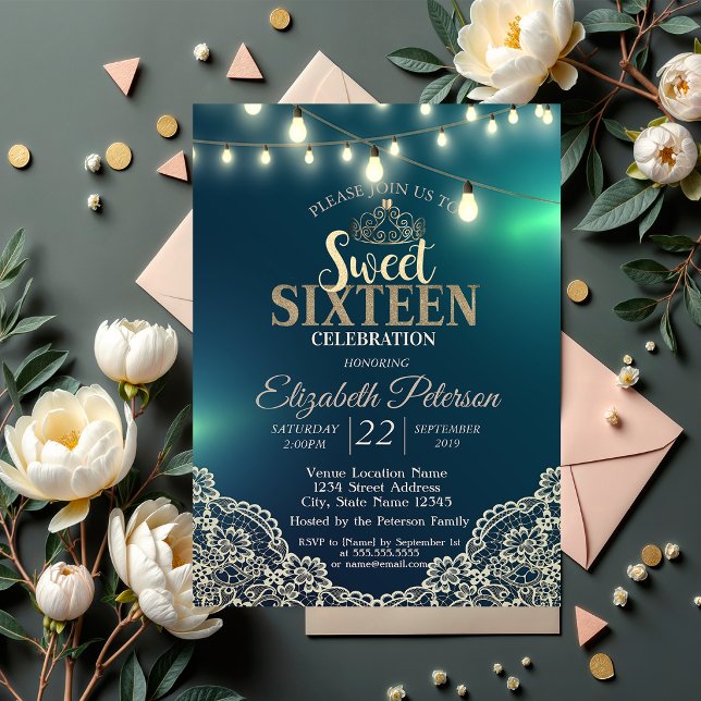Invitación Fiesta de Sweet 16, encaje elegante, luces, tiara (Subido por el creador)