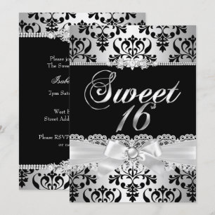 Invitación Fiesta de Sweet 16 lazo de perla de damasco negro 