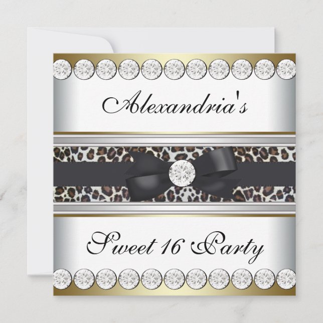 Invitación Fiesta de Sweet 16 Leopardo Blanco Dorado (Anverso)
