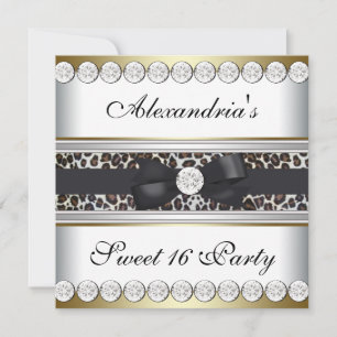 Invitación Fiesta de Sweet 16 Leopardo Blanco Dorado