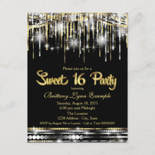 Invitación Fiesta de Sweet 16 Negra y Dorada