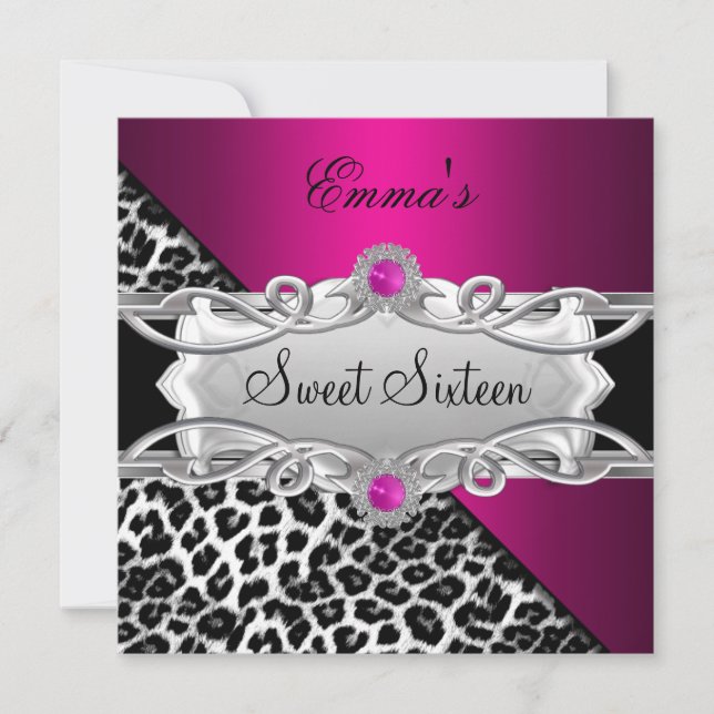 Invitación Fiesta de Sweet 16 Plata Rosa Negro Blanco Leopard (Anverso)