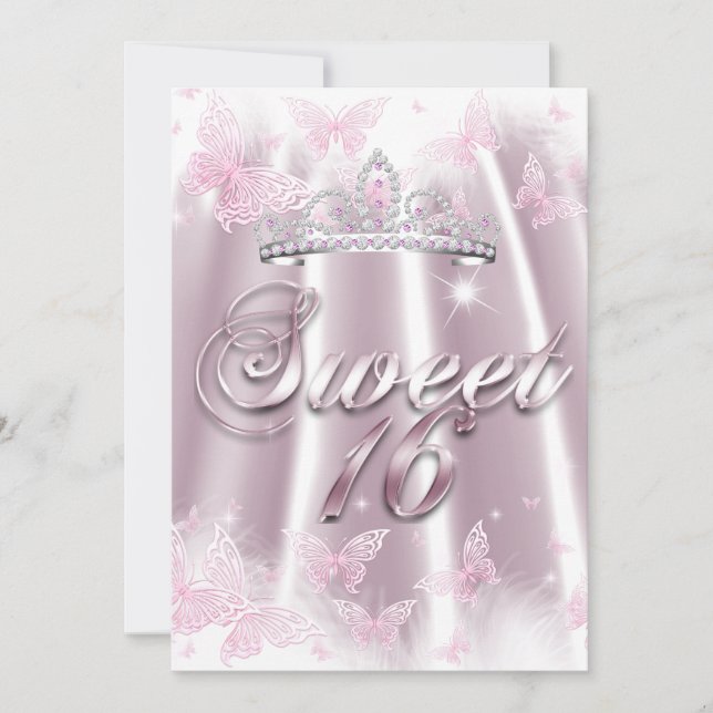 Invitación Fiesta de Sweet 16 Rosa Blanco Tiara Mariposa Seda (Anverso)