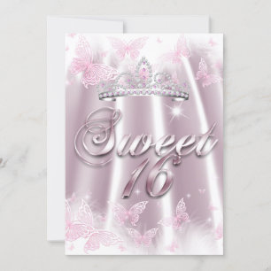 Invitación Fiesta de Sweet 16 Rosa Blanco Tiara Mariposa Seda