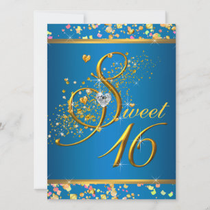 Invitación Fiesta de Sweet Sixteen azul acuático y dorado