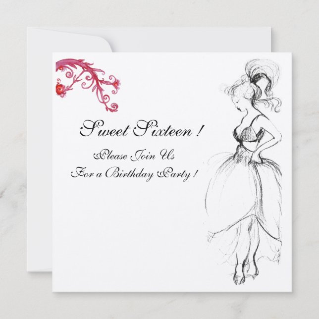 Invitación FIESTA DE SWEET SIXTEEN, champán rojo negro y blan (Anverso)