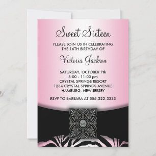 Invitación Fiesta de Sweet Sixteen con cebra rosa y negra