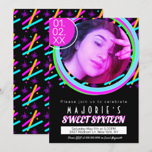 Invitación Fiesta de Sweet Sixteen con luces de neón estilo c