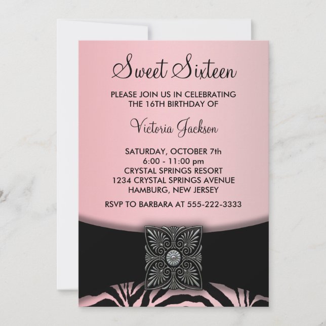 Invitación Fiesta de Sweet Sixteen de cebra negra rosa (Anverso)