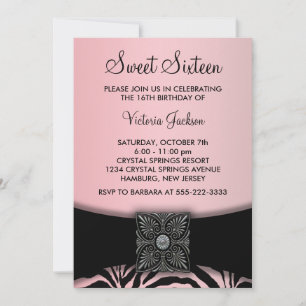 Invitación Fiesta de Sweet Sixteen de cebra negra rosa