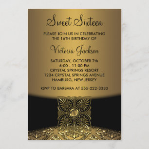 Invitación Fiesta de Sweet Sixteen elegante en damasco negro 