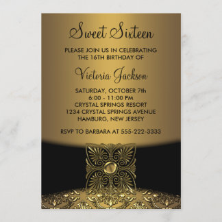 Invitación Fiesta de Sweet Sixteen elegante en damasco negro 
