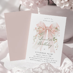 Invitación Fiesta de Sweet Sixteen Lazo Coquette Rosa Floral