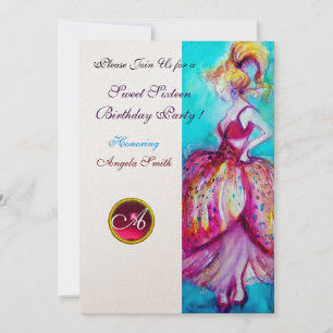 Invitación FIESTA DE SWEET SIXTEEN,monograma dorado rosa rojo