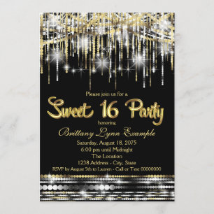 Invitación Fiesta de Sweet Sixteen negro y dorado Glam Sparkl