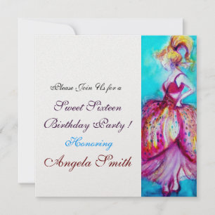 Invitación FIESTA DE SWEET SIXTEEN rojo rosa azul turquesa hi