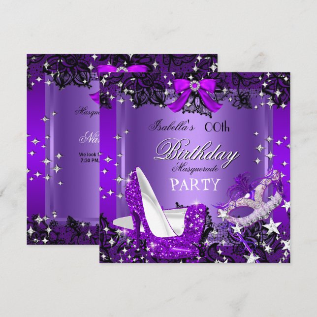 Invitación Fiesta de tacones altos de Purpurina púrpura de ma (Anverso / Reverso)