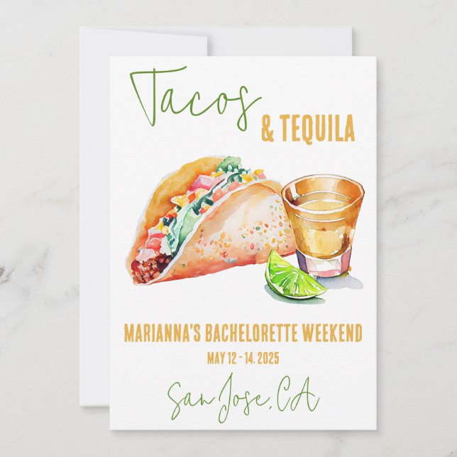 Invitación Fiesta de Tacos y Tequila Bachelorette Weekend (Anverso)