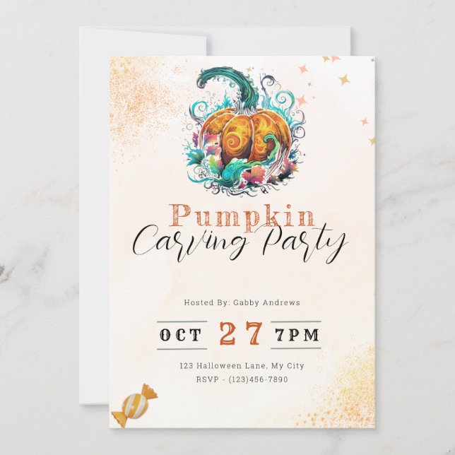 Invitación Fiesta de tallado de calabaza Naranja decorada con (Anverso)