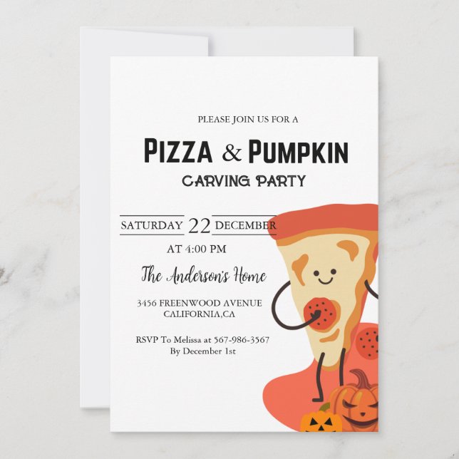 Invitación Fiesta de tallado de Pizza y Calabaza Halloween (Anverso)