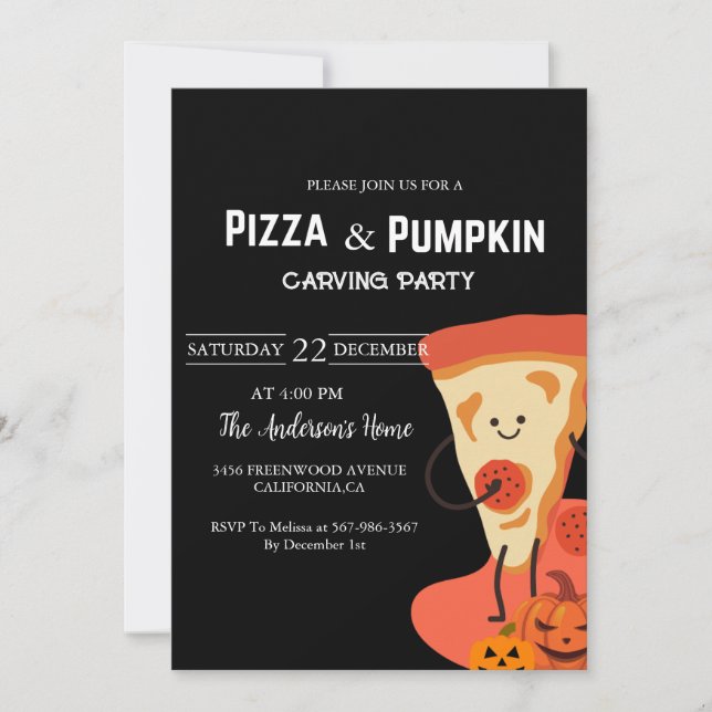 Invitación Fiesta de tallado de Pizza y Calabaza Halloween (Anverso)