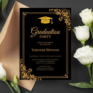 Invitación Fiesta De Tapón De Graduación Clásico Negro Y Oro