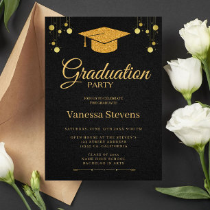Invitación Fiesta De Tapón De Graduación Clásico Negro Y Oro