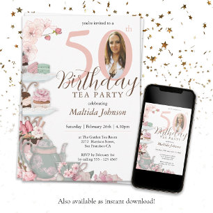 Invitación Fiesta de té 50.º cumpleaños Personalizado floral 