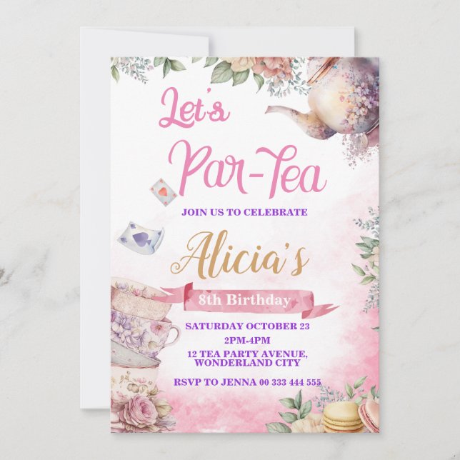 Invitación Fiesta de té 5.º 6.º cumpleaños 8, Fiesta de té (Anverso)