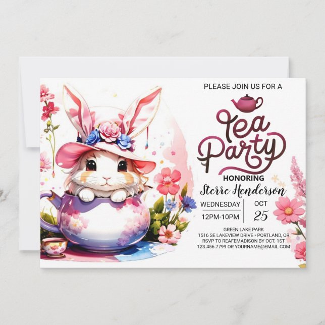 Invitación Fiesta de té acuarela de Bunny (Anverso)