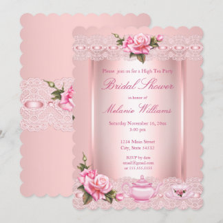 Invitación Fiesta de té alto de rosas rosadas para ducha de n